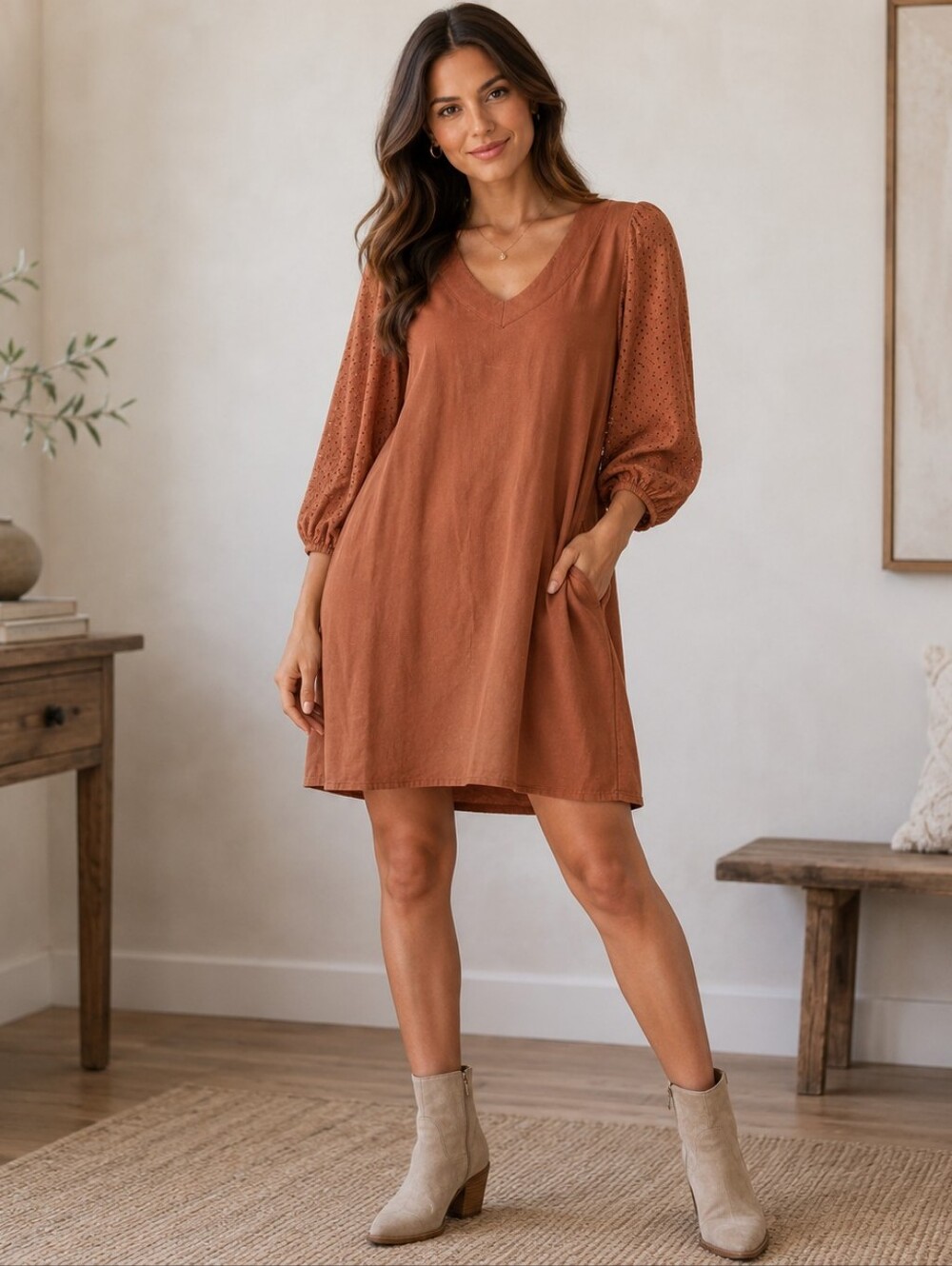 eesome Acid Washed Rust Brown Eyelet-Sleeve V-Neck Shift Dress